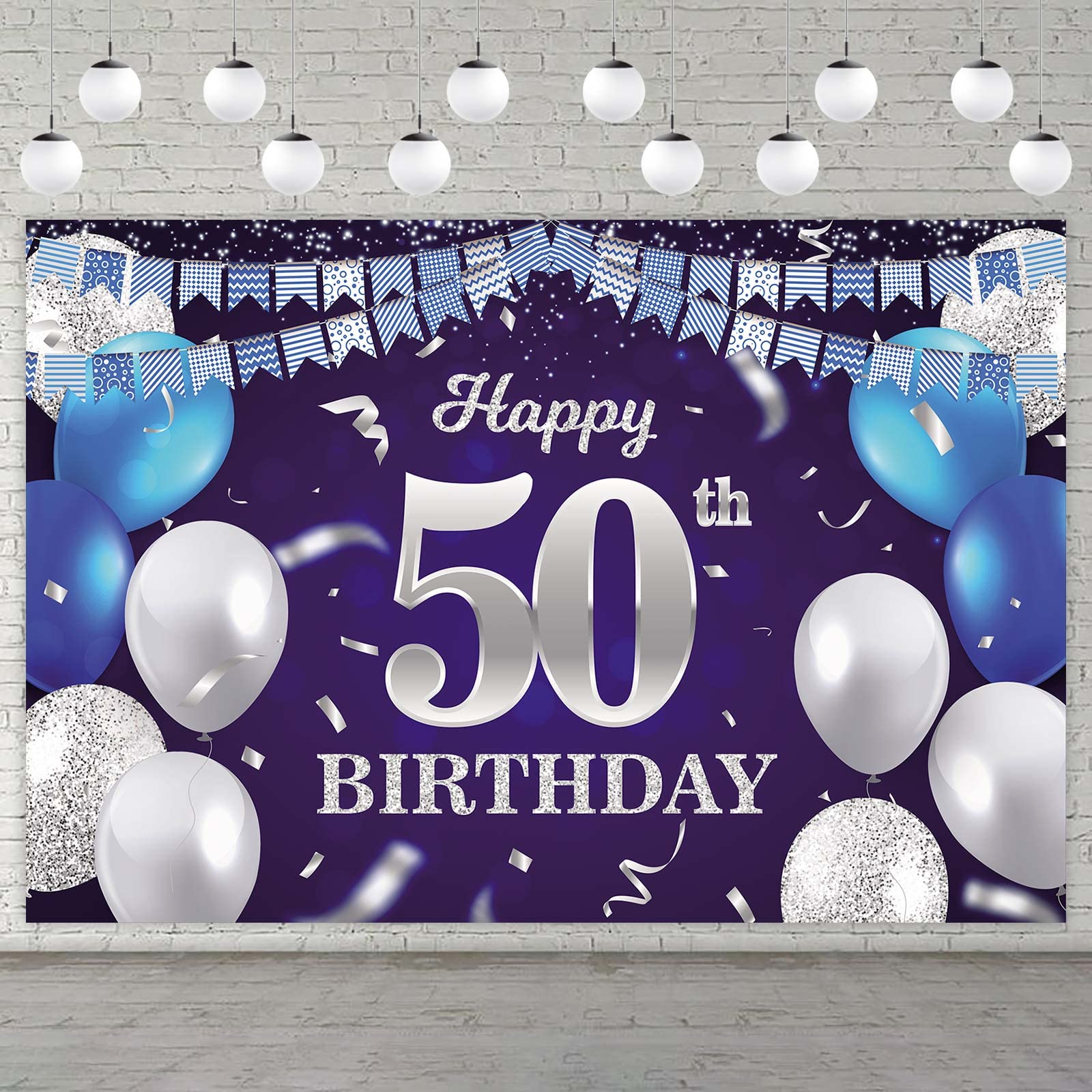 Happy 50th Birthday Banner Backdrop Navy Blue Balloons Confetti Stripe Flag Light Spots Cheers to 50 Years Old Theme Decorations Decor for Women Men 50th Birthday Party Bday Supplies Glitter Silver