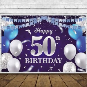 Happy 50th Birthday Banner Backdrop Navy Blue Balloons Confetti Stripe Flag Light Spots Cheers to 50 Years Old Theme Decorations Decor for Women Men 50th Birthday Party Bday Supplies Glitter Silver