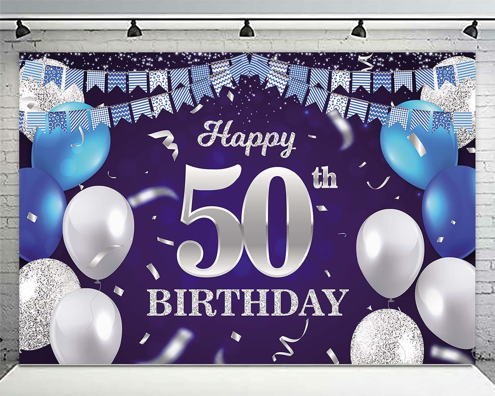 Happy 50th Birthday Banner Backdrop Navy Blue Balloons Confetti Stripe Flag Light Spots Cheers to 50 Years Old Theme Decorations Decor for Women Men 50th Birthday Party Bday Supplies Glitter Silver