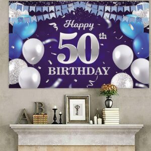 Happy 50th Birthday Banner Backdrop Navy Blue Balloons Confetti Stripe Flag Light Spots Cheers to 50 Years Old Theme Decorations Decor for Women Men 50th Birthday Party Bday Supplies Glitter Silver