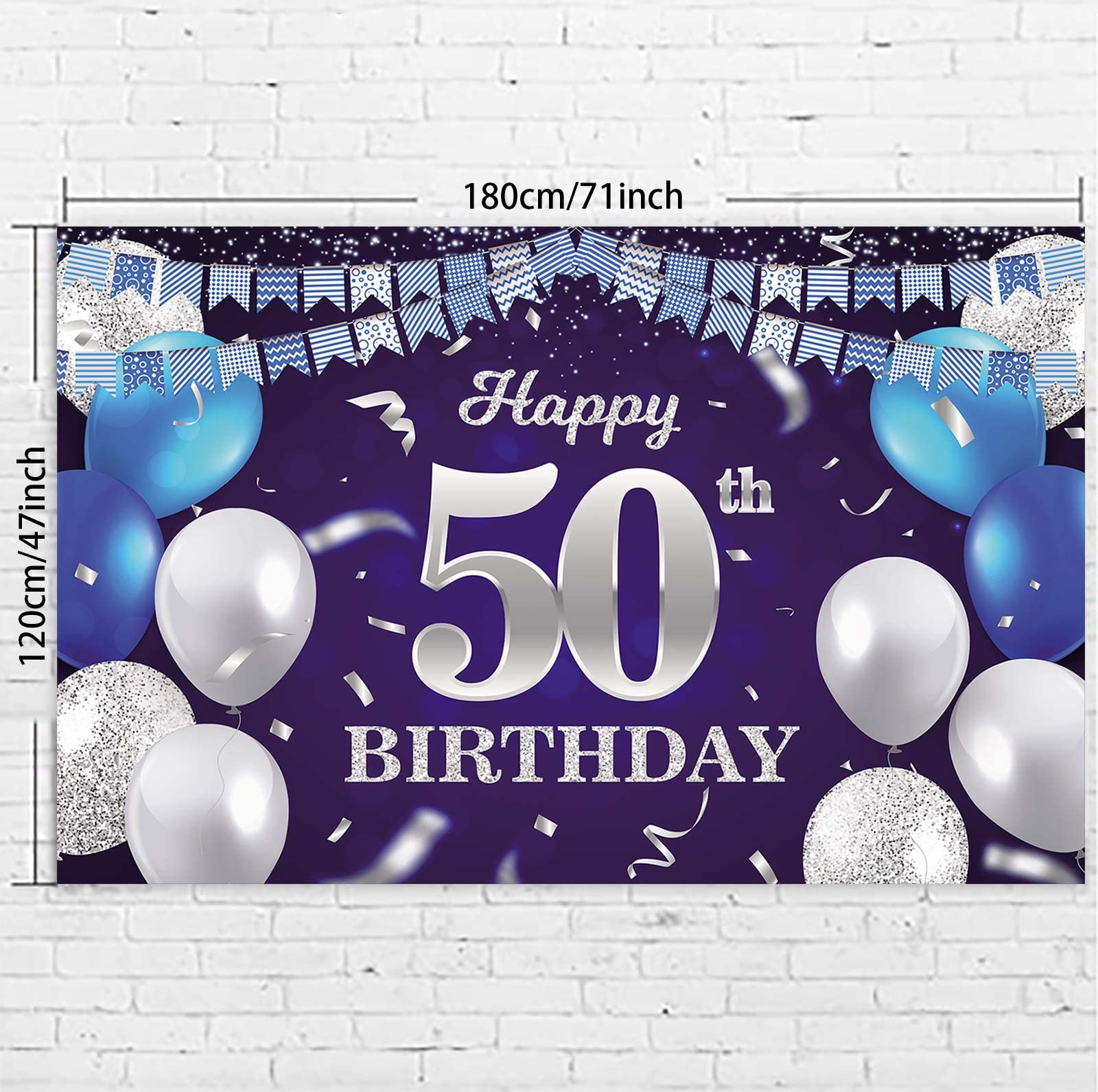 Happy 50th Birthday Banner Backdrop Navy Blue Balloons Confetti Stripe Flag Light Spots Cheers to 50 Years Old Theme Decorations Decor for Women Men 50th Birthday Party Bday Supplies Glitter Silver