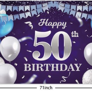 Happy 50th Birthday Banner Backdrop Navy Blue Balloons Confetti Stripe Flag Light Spots Cheers to 50 Years Old Theme Decorations Decor for Women Men 50th Birthday Party Bday Supplies Glitter Silver