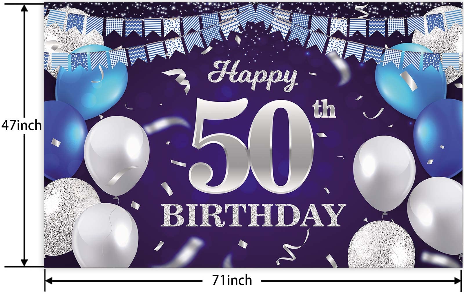 Happy 50th Birthday Banner Backdrop Navy Blue Balloons Confetti Stripe Flag Light Spots Cheers to 50 Years Old Theme Decorations Decor for Women Men 50th Birthday Party Bday Supplies Glitter Silver