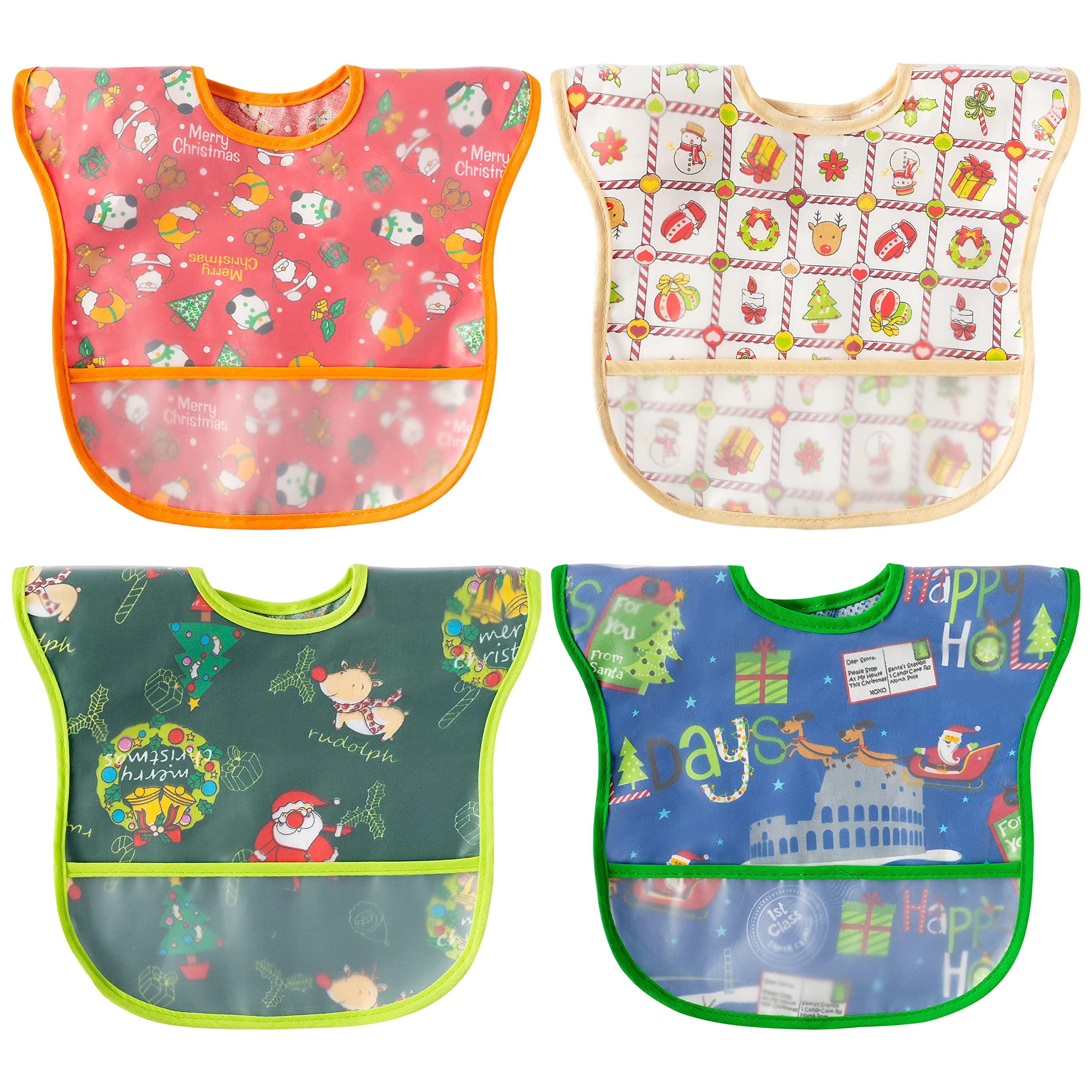 2ooya 4pcs Baby Christmas Bibs Baby Waterproof Bibs Toddler Kids Feeding Bib Set with Crumb Catcher Pocket Infant Adjustable Baby Teething Food Bib Baby Keepsake Gift for Christmas（6-12 Months）