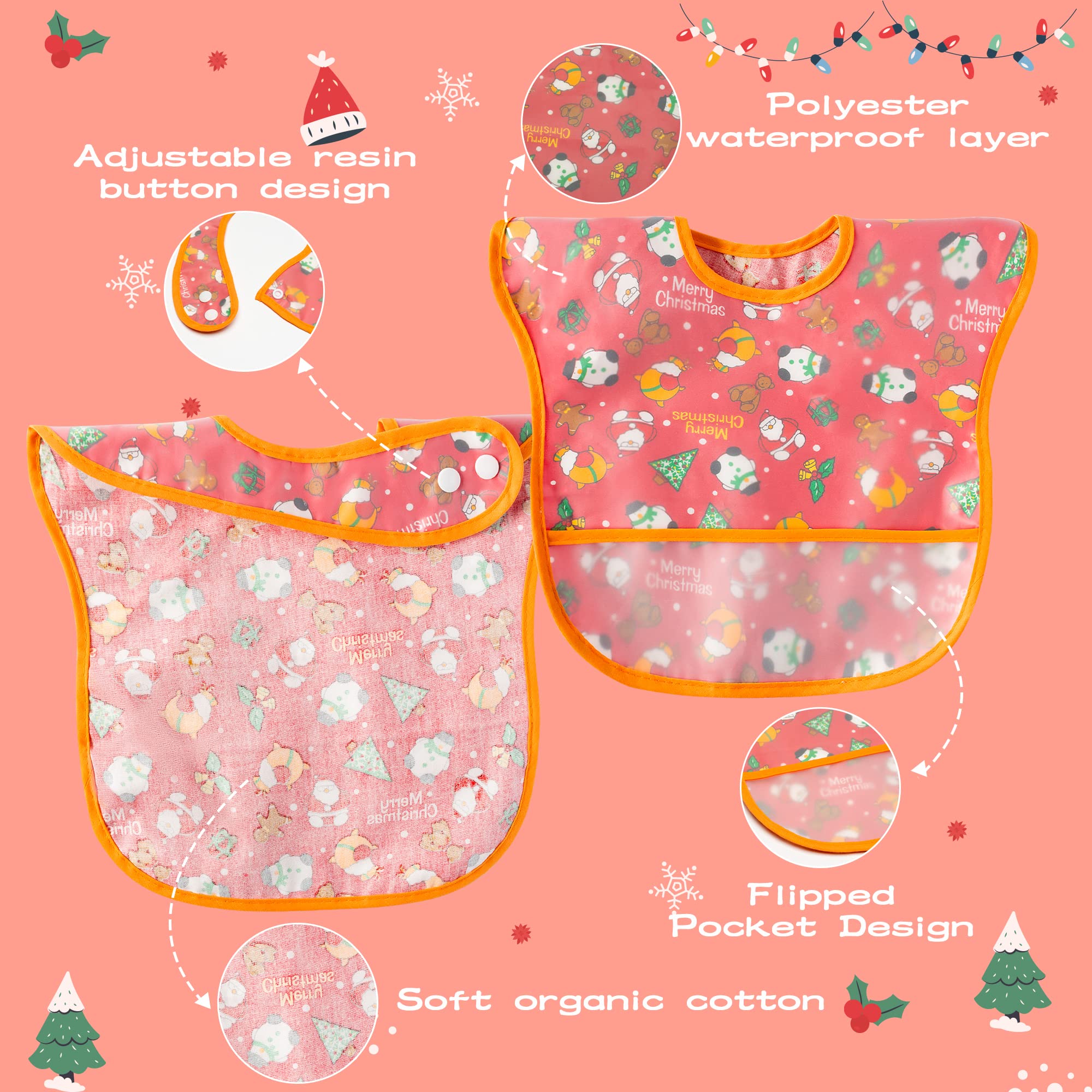 2ooya 4pcs Baby Christmas Bibs Baby Waterproof Bibs Toddler Kids Feeding Bib Set with Crumb Catcher Pocket Infant Adjustable Baby Teething Food Bib Baby Keepsake Gift for Christmas（6-12 Months）