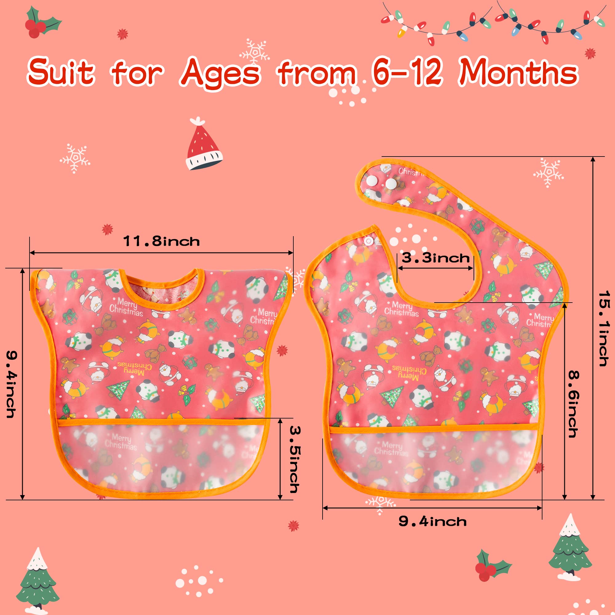 2ooya 4pcs Baby Christmas Bibs Baby Waterproof Bibs Toddler Kids Feeding Bib Set with Crumb Catcher Pocket Infant Adjustable Baby Teething Food Bib Baby Keepsake Gift for Christmas（6-12 Months）