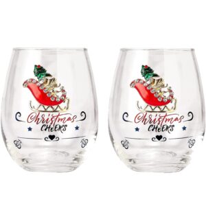 crystal christmas santa's sleigh wine & water glasses - set of 2, 17.5oz - xmas diamond new years santa holiday festive theme stemless glass - new year holiday gifts for men women friend family