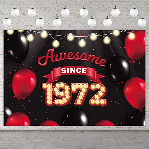 Awesome Since 1972 Happy 50th Birthday Banner Backdrop Red and Black Balloons Cheers to 50 Years Old Theme Decor for Women Men 50th Birthday Party Bday Supplies Decorations Background Glitter Gold