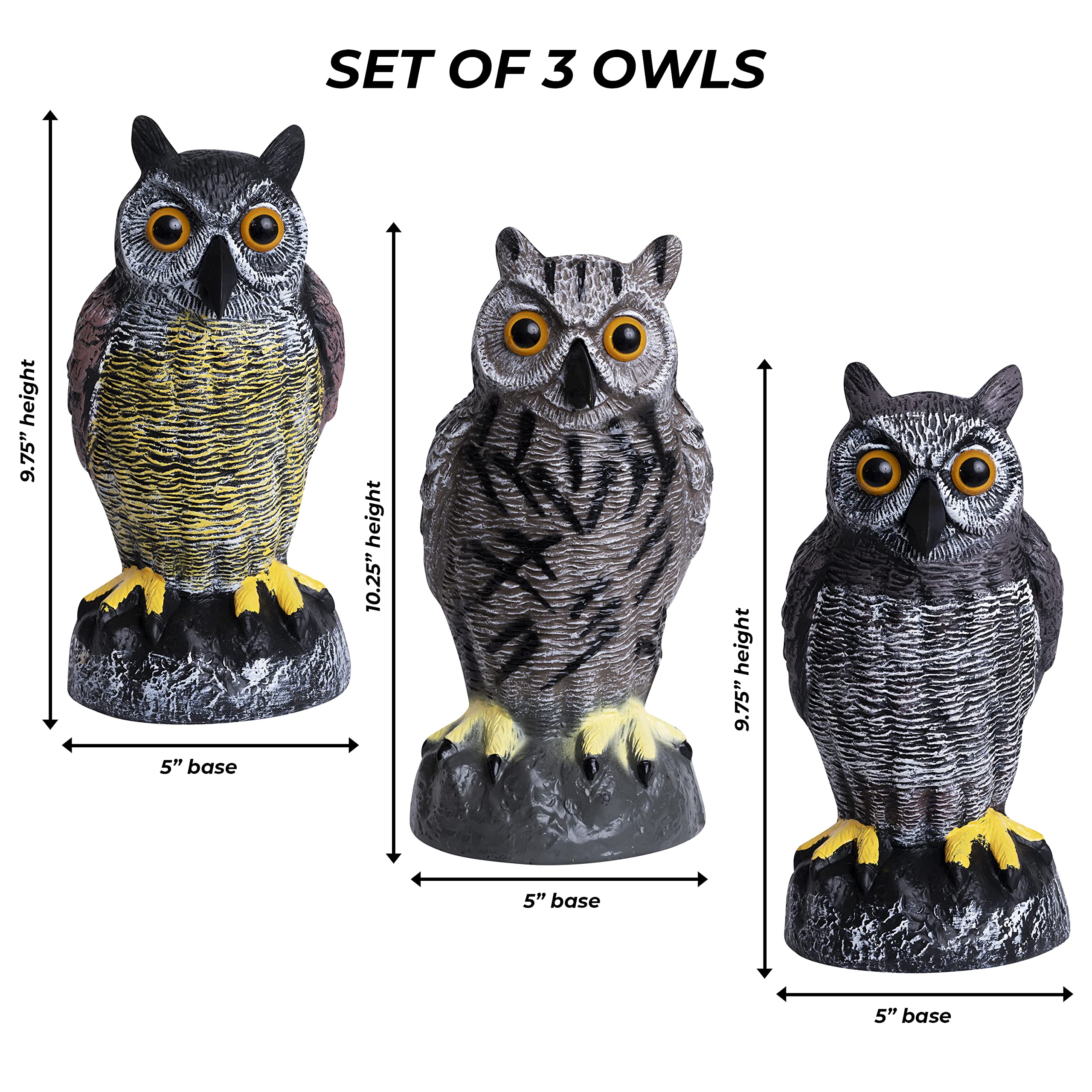 Galashield Owl Decoys to Scare Birds Away | Plastic Owls to Scare Birds Away | Owl Statue for Garden & Outdoors [Set of 3]