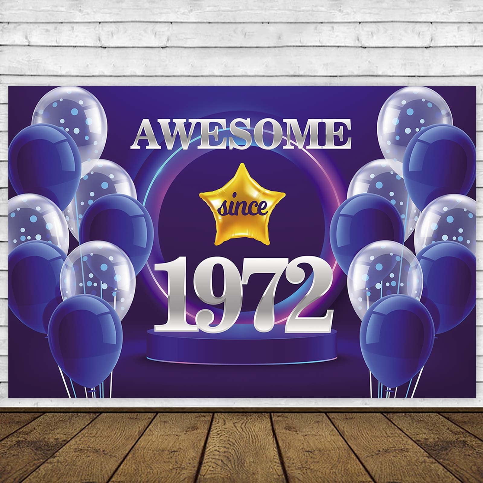 Awesome Since 1972 Happy 50th Birthday Banner Backdrop Stars Balloons Cheers to 50 Years Old Theme Decor for Women Men 50th Birthday Party Bday Supplies Decorations Background Blue Purple Sliver