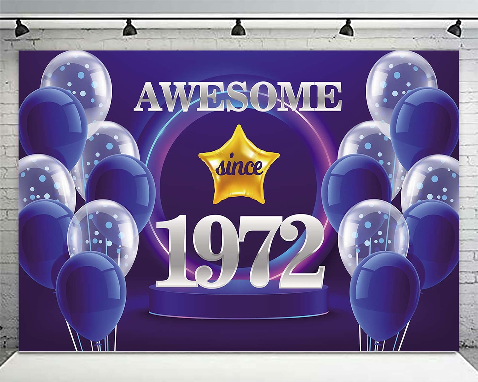 Awesome Since 1972 Happy 50th Birthday Banner Backdrop Stars Balloons Cheers to 50 Years Old Theme Decor for Women Men 50th Birthday Party Bday Supplies Decorations Background Blue Purple Sliver