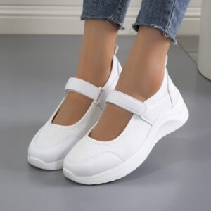 Women's Breathable Mary Jane Shoes Walking Sneakers Casual Hook and Loop Lightweight Nurse Wedge Sports Shoes Casual Shoes White