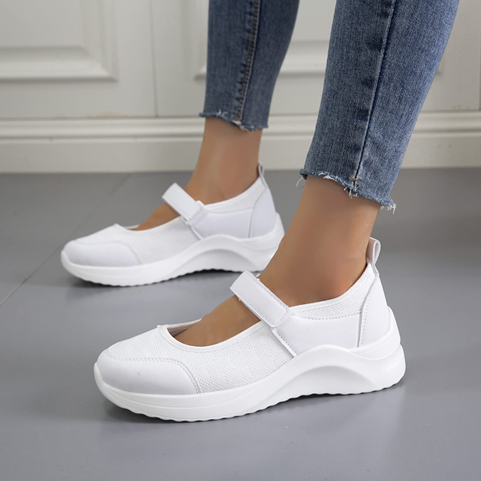 Women's Breathable Mary Jane Shoes Walking Sneakers Casual Hook and Loop Lightweight Nurse Wedge Sports Shoes Casual Shoes White