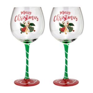 crystal christmas bells diamond set of 2 xmas wine wine & water glasses - winterberry glass red ribbon holly leaf & berries harmony shining red green yellow silver, perfect for holiday parties