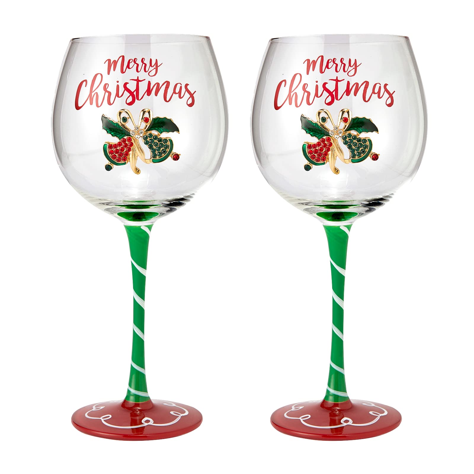 Crystal Christmas Bells Diamond Set of 2 Xmas Wine Wine & Water Glasses - Winterberry Glass Red Ribbon Holly Leaf & Berries Harmony Shining Red Green Yellow Silver, Perfect For Holiday Parties