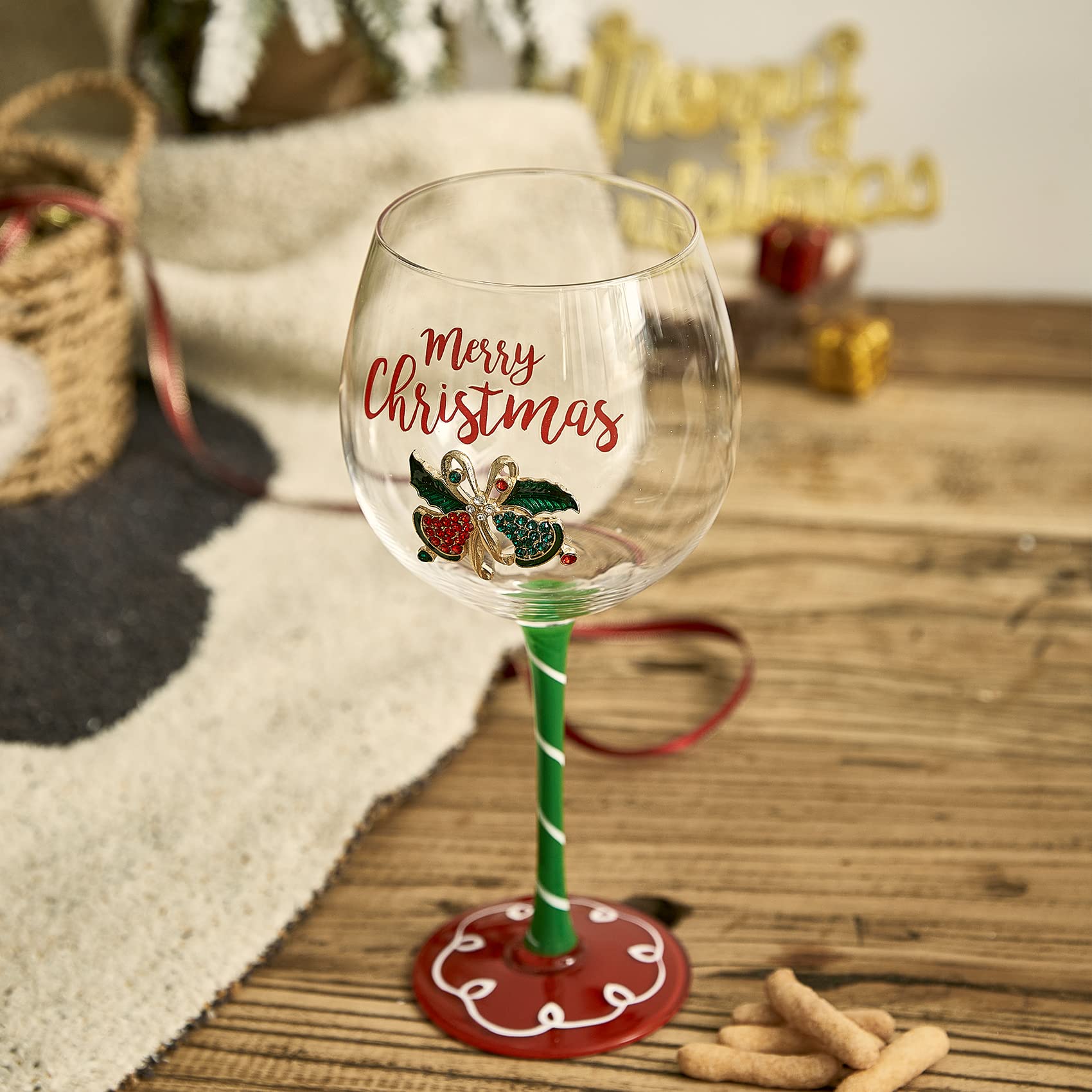 Crystal Christmas Bells Diamond Set of 2 Xmas Wine Wine & Water Glasses - Winterberry Glass Red Ribbon Holly Leaf & Berries Harmony Shining Red Green Yellow Silver, Perfect For Holiday Parties