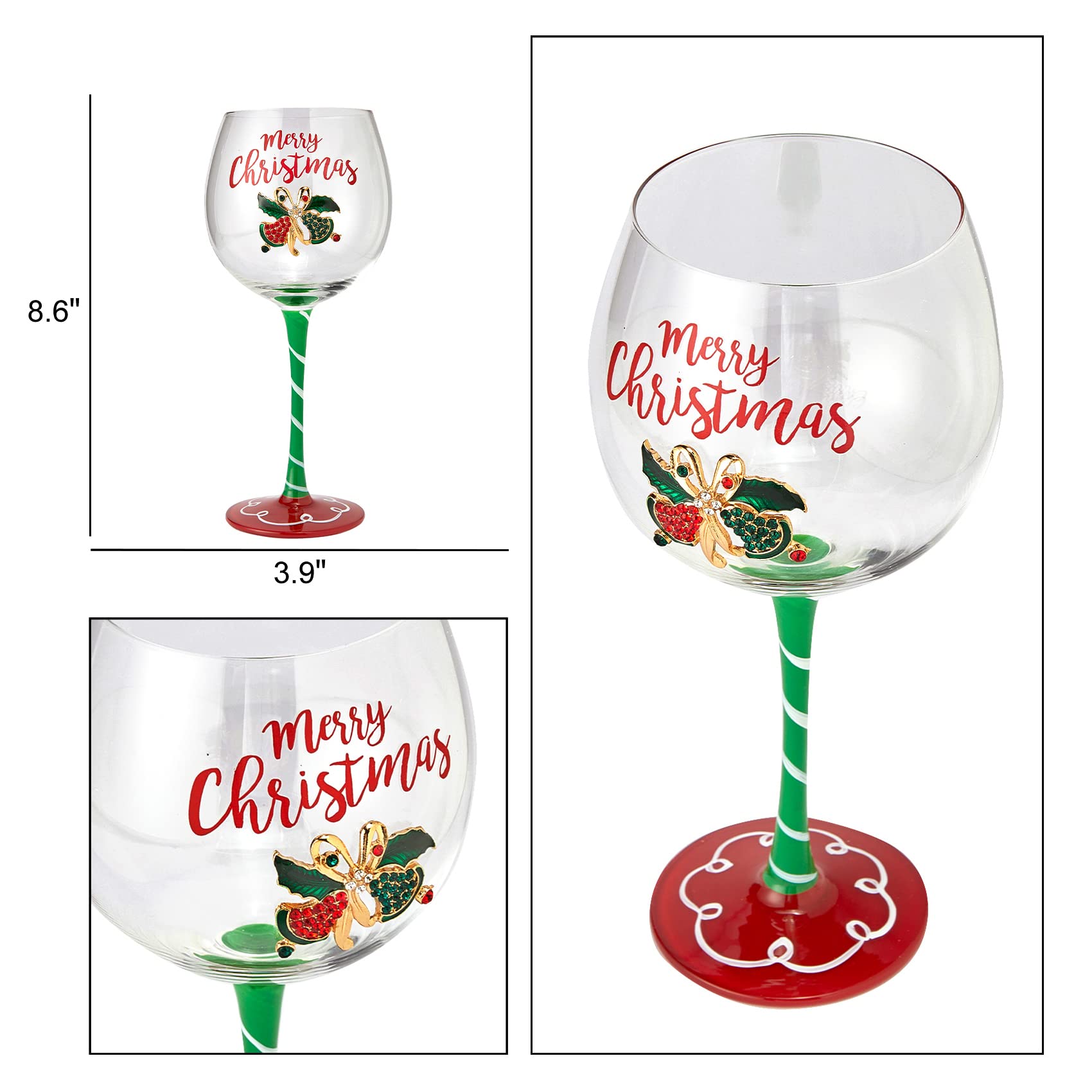 Crystal Christmas Bells Diamond Set of 2 Xmas Wine Wine & Water Glasses - Winterberry Glass Red Ribbon Holly Leaf & Berries Harmony Shining Red Green Yellow Silver, Perfect For Holiday Parties