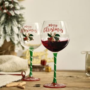 Crystal Christmas Bells Diamond Set of 2 Xmas Wine Wine & Water Glasses - Winterberry Glass Red Ribbon Holly Leaf & Berries Harmony Shining Red Green Yellow Silver, Perfect For Holiday Parties