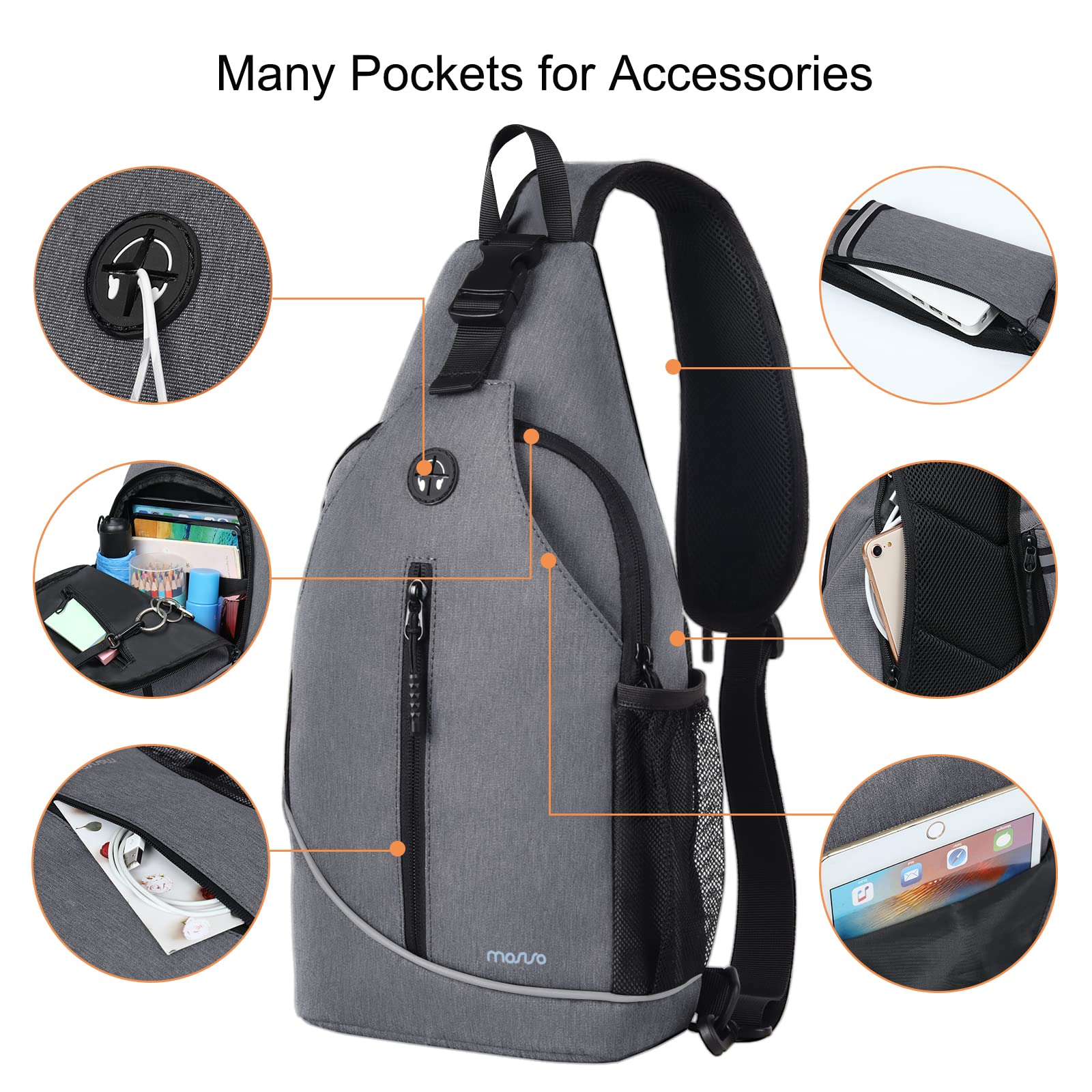 MOSISO Sling Backpack, Crossbody Shoulder Chest Bag Travel Hiking Daypack with Vertical Zipper Pocket&Reflective Strip, Grey