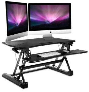 mount-it! height adjustable standing desk converter | 35” wide desktop | sit-stand desk with gas spring handle | stand up computer workstation fits dual monitors | black (mi-7955)