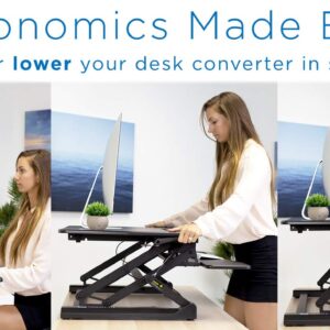 Mount-It! Height Adjustable Standing Desk Converter | 35” Wide Desktop | Sit-Stand Desk with Gas Spring Handle | Stand Up Computer Workstation Fits Dual Monitors | Black (MI-7955)