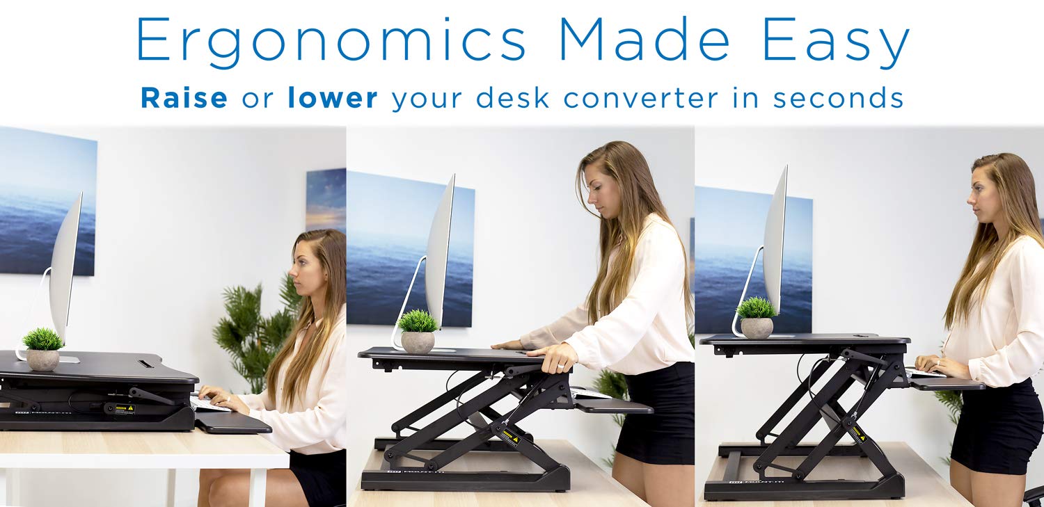 Mount-It! Height Adjustable Standing Desk Converter | 35” Wide Desktop | Sit-Stand Desk with Gas Spring Handle | Stand Up Computer Workstation Fits Dual Monitors | Black (MI-7955)