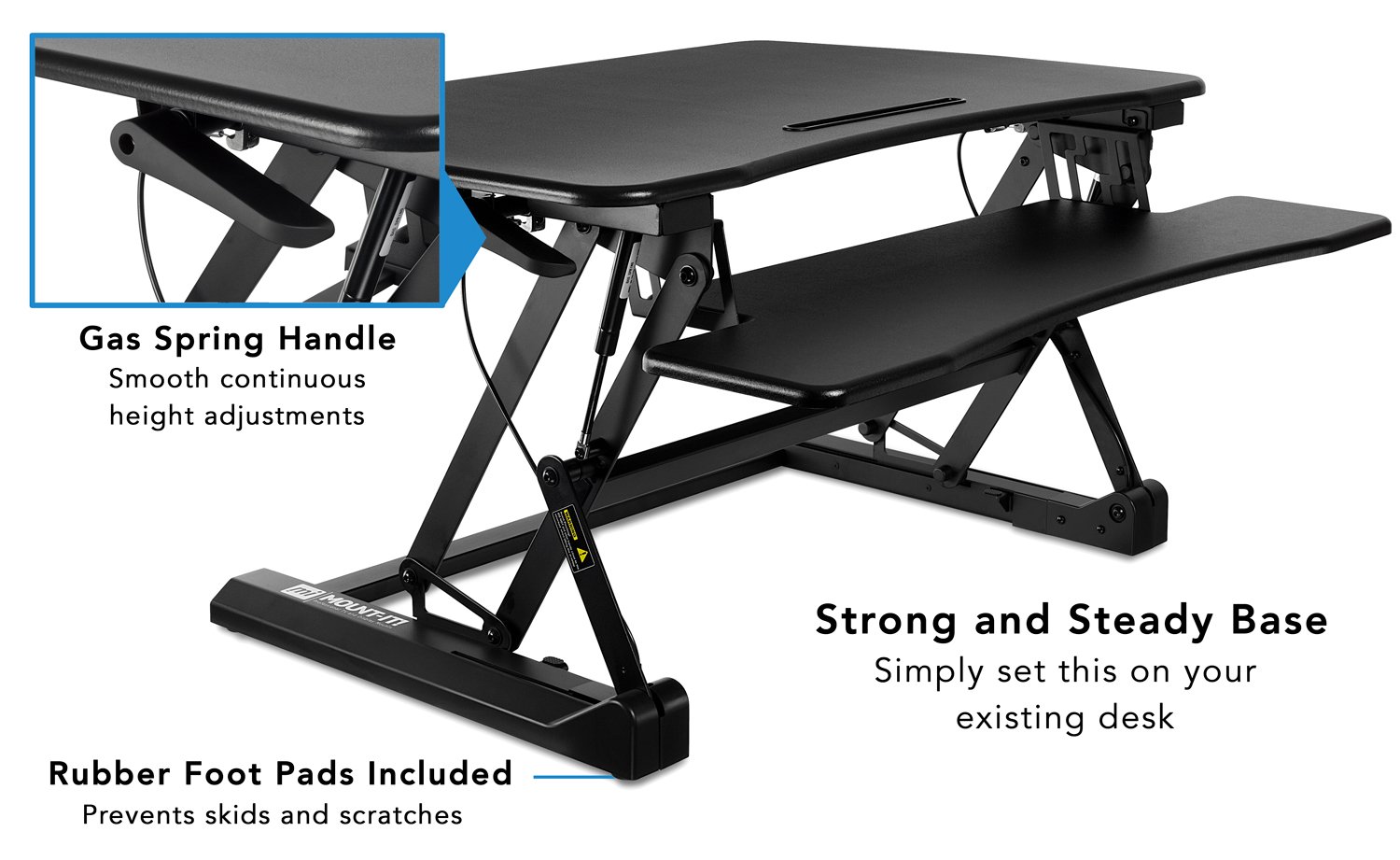 Mount-It! Height Adjustable Standing Desk Converter | 35” Wide Desktop | Sit-Stand Desk with Gas Spring Handle | Stand Up Computer Workstation Fits Dual Monitors | Black (MI-7955)