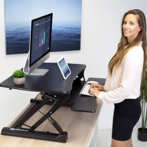 Mount-It! Height Adjustable Standing Desk Converter | 35” Wide Desktop | Sit-Stand Desk with Gas Spring Handle | Stand Up Computer Workstation Fits Dual Monitors | Black (MI-7955)