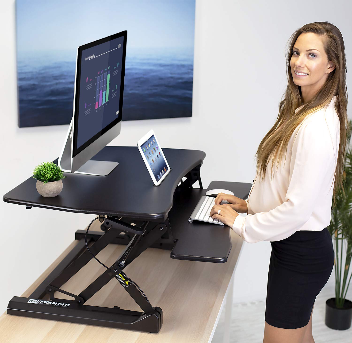 Mount-It! Height Adjustable Standing Desk Converter | 35” Wide Desktop | Sit-Stand Desk with Gas Spring Handle | Stand Up Computer Workstation Fits Dual Monitors | Black (MI-7955)