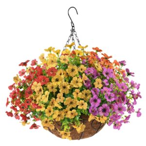 zfprocess artificial faux hanging plants flowers basket outdoor porch garden spring decoration,fake silk daisy in planter realistic uv resistant for outside home patio balcony yard(multicolor)