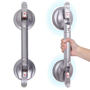 heinsy 17inch suction shower grab bar, portable shower handle bar suction grip bar bathtub handle with strong hold suction cup fitting and rapid release for bathroom(max capacity :253lb,silver）