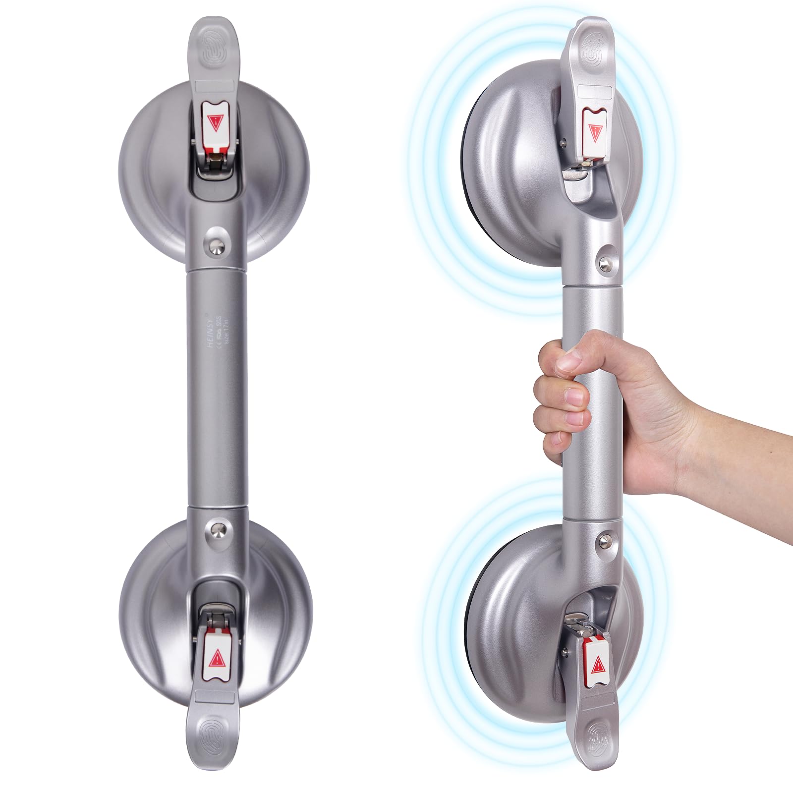 HEINSY 17inch Suction Shower Grab Bar, Portable Shower Handle Bar Suction Grip Bar Bathtub Handle with Strong Hold Suction Cup Fitting and Rapid Release for Bathroom(Max Capacity :253lb,Silver）