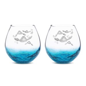 mothers day gifts for wife, etched sea turtles family handmade engraved crackle teal wine glass