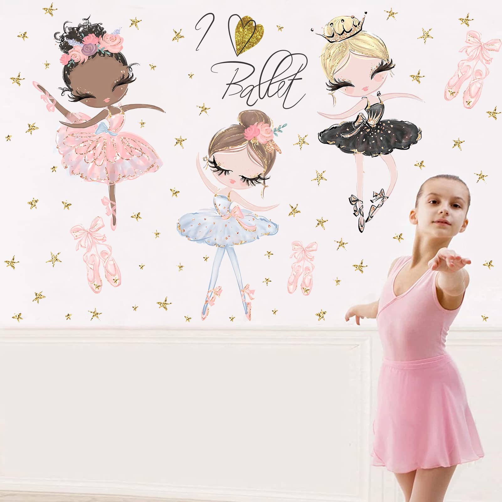 3 Ballet Dancing Girl Wall Art Decals Ballerina Wall Decals Dancing Ballerinas Wall Stickers Ballet Dancer Wall Decals with Stars Wall Art Poster for Girls Room Women (colorA)