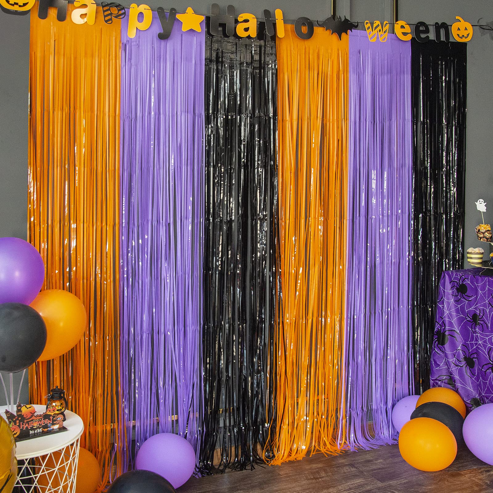 LOLStar 5 Pack Orange Purple Black Photo Booth Props,3.3 X 6.6 ft Halloween Foil Fringe Curtains,Halloween Party Photo Backdrop Streamer Backdrop for Halloween Party Decoration