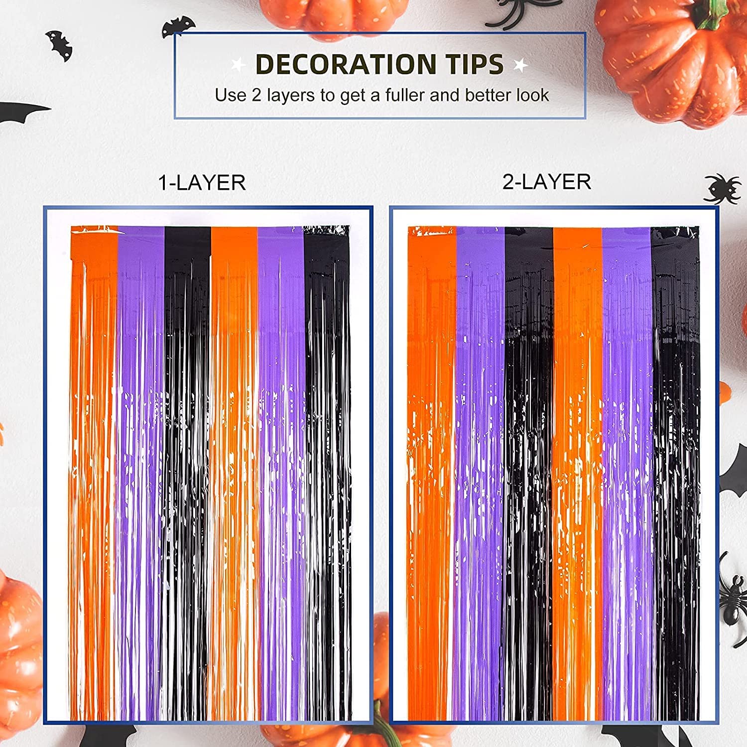 LOLStar 5 Pack Orange Purple Black Photo Booth Props,3.3 X 6.6 ft Halloween Foil Fringe Curtains,Halloween Party Photo Backdrop Streamer Backdrop for Halloween Party Decoration