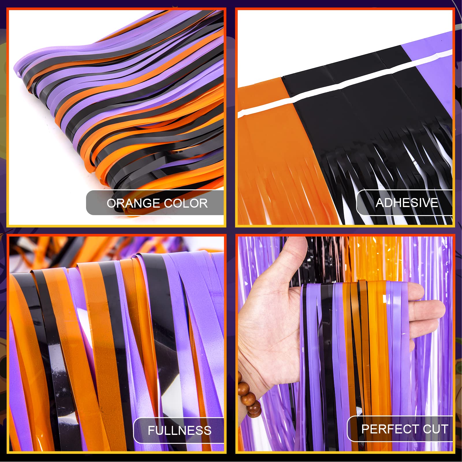 LOLStar 5 Pack Orange Purple Black Photo Booth Props,3.3 X 6.6 ft Halloween Foil Fringe Curtains,Halloween Party Photo Backdrop Streamer Backdrop for Halloween Party Decoration