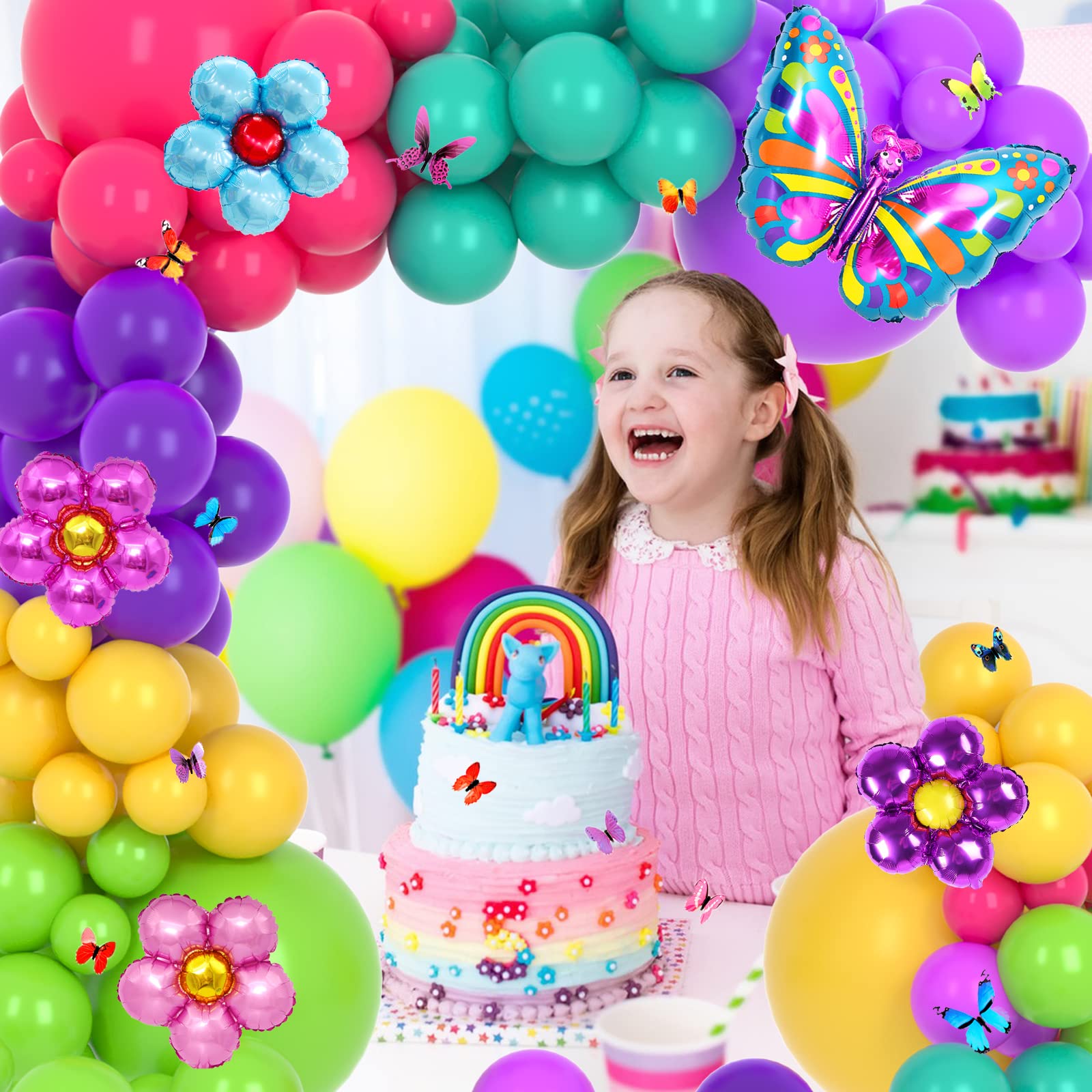 Magic Balloon Garland Kit Assorted Colors Latex Balloons Arch with Colorful Butterfly Flower Foil Balloons Butterfly Stickers for Birthday Wedding Bridal Shower Baby Shower Decorations Party Supplies