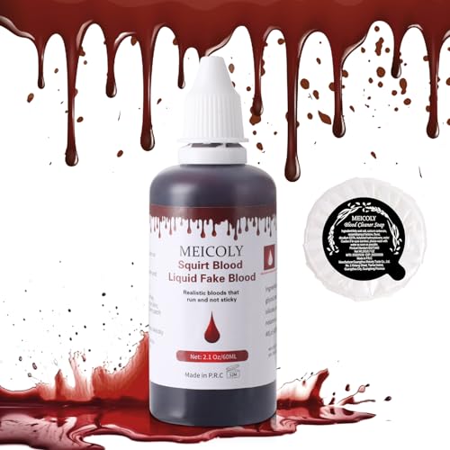 MEICOLY 2.1Oz Halloween Dripping Fake Blood, Safe Realistic Washable Edible Liquid Blood with 0.7 Oz Cleaning Soap,Squirt Blood for Clothes,Zombie Vampire Monster,SFX Cut Wound Makeup,Dark