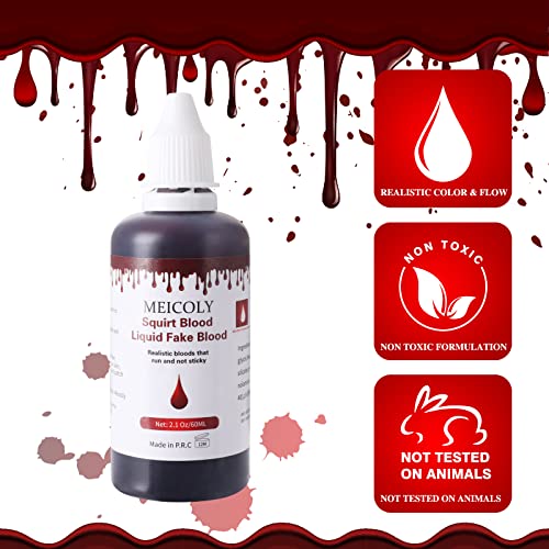 MEICOLY 2.1Oz Halloween Dripping Fake Blood, Safe Realistic Washable Edible Liquid Blood with 0.7 Oz Cleaning Soap,Squirt Blood for Clothes,Zombie Vampire Monster,SFX Cut Wound Makeup,Dark