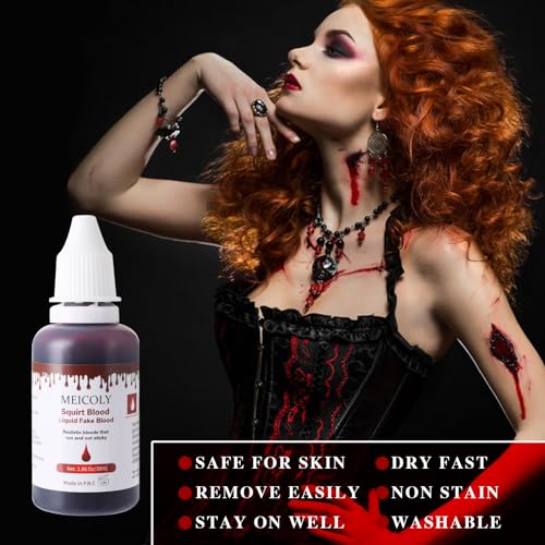 MEICOLY 2.1Oz Halloween Dripping Fake Blood, Safe Realistic Washable Edible Liquid Blood with 0.7 Oz Cleaning Soap,Squirt Blood for Clothes,Zombie Vampire Monster,SFX Cut Wound Makeup,Dark