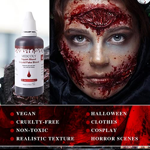 MEICOLY 2.1Oz Halloween Dripping Fake Blood, Safe Realistic Washable Edible Liquid Blood with 0.7 Oz Cleaning Soap,Squirt Blood for Clothes,Zombie Vampire Monster,SFX Cut Wound Makeup,Dark