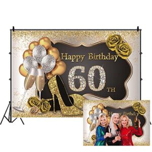 dorcev 7x5ft photography backdrop for woman happy 60th birthday party decor luxury gold black backdrop banner glitters heels roses balloons photo background mother grandma birthday party props