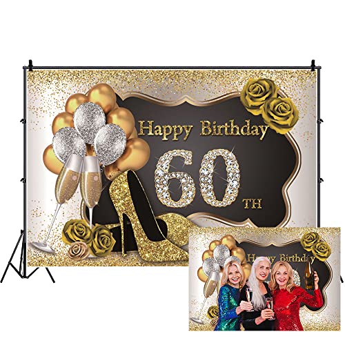 DORCEV 7x5ft Photography Backdrop for Woman Happy 60th Birthday Party Decor Luxury Gold Black Backdrop Banner Glitters Heels Roses Balloons Photo Background Mother Grandma Birthday Party Props