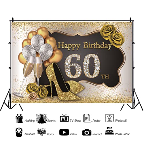DORCEV 7x5ft Photography Backdrop for Woman Happy 60th Birthday Party Decor Luxury Gold Black Backdrop Banner Glitters Heels Roses Balloons Photo Background Mother Grandma Birthday Party Props
