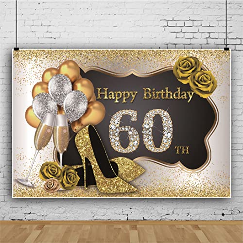 DORCEV 7x5ft Photography Backdrop for Woman Happy 60th Birthday Party Decor Luxury Gold Black Backdrop Banner Glitters Heels Roses Balloons Photo Background Mother Grandma Birthday Party Props