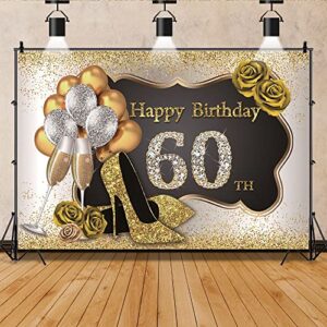 DORCEV 7x5ft Photography Backdrop for Woman Happy 60th Birthday Party Decor Luxury Gold Black Backdrop Banner Glitters Heels Roses Balloons Photo Background Mother Grandma Birthday Party Props