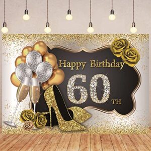 DORCEV 7x5ft Photography Backdrop for Woman Happy 60th Birthday Party Decor Luxury Gold Black Backdrop Banner Glitters Heels Roses Balloons Photo Background Mother Grandma Birthday Party Props