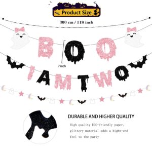 Boo I'm Two Halloween Banner and Ghost Bat Moon Star Garland Pink Black Glitter- Halloween 2nd Birthday Party Decorations for Girl, Here for the Boos Baby Shower Decorations