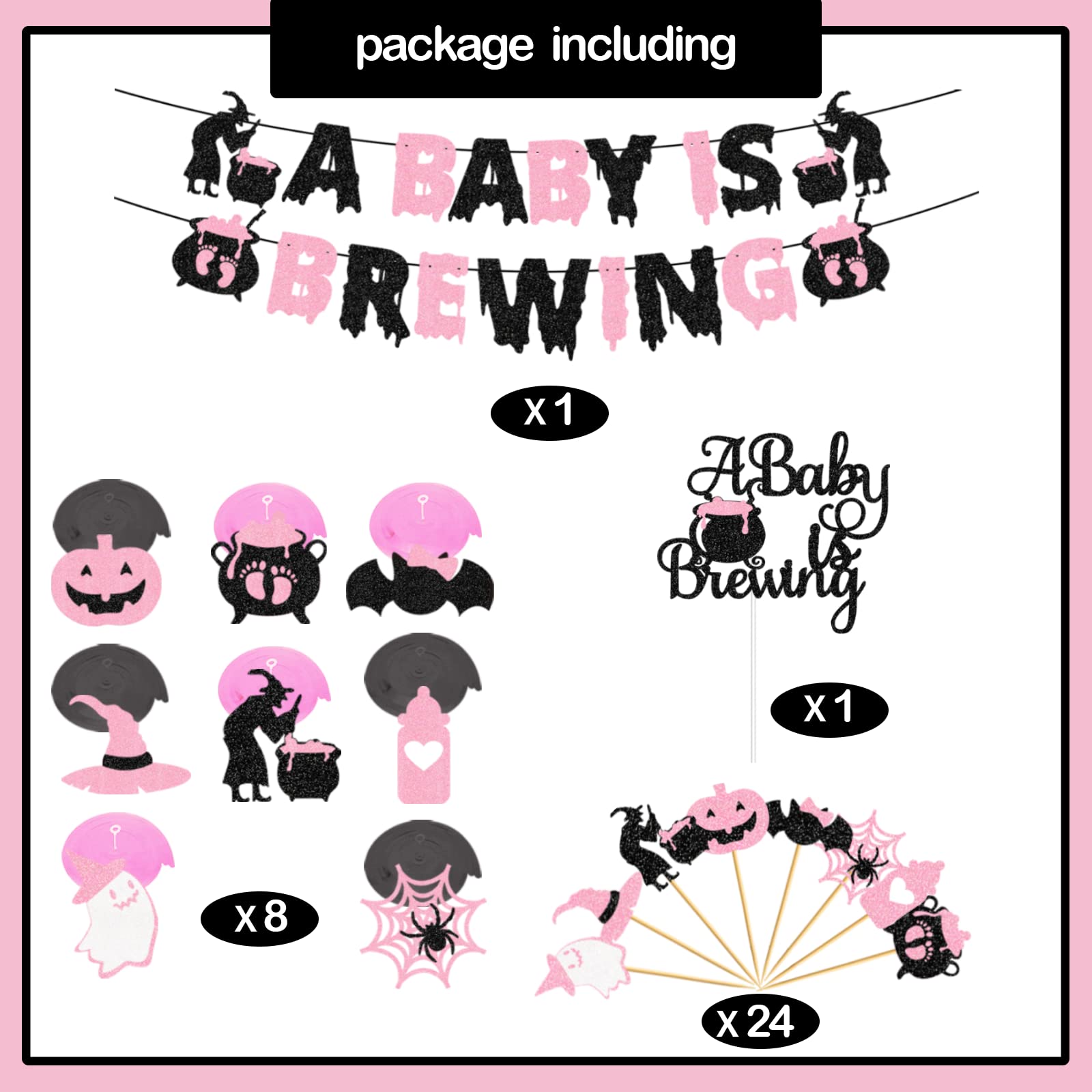 Halloween Baby Shower Party Decorations Girl Pink and Black Glitter A Baby Is Brewing Banner A Baby is Brewing Baby Shower Decorations Baby Brewing Halloween Shower Decorations